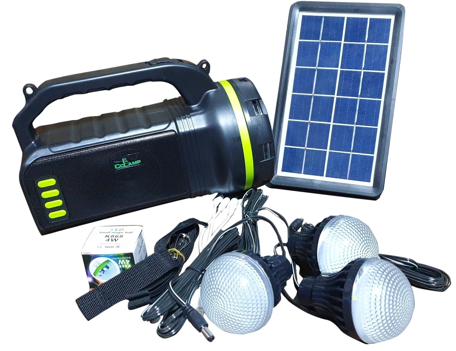 Kit Lanterna Solara, 4 becuri incluse, Functie de Powerbank, Boxa cu bluetooth si radio CL-18