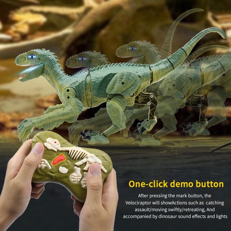 Dinozaur Velociraptor De Jucarie Cu Sunete Specifice + Telecomanda / Comenzi de Atac / Fuga / Incarcare USB/ 2.4 GHZ