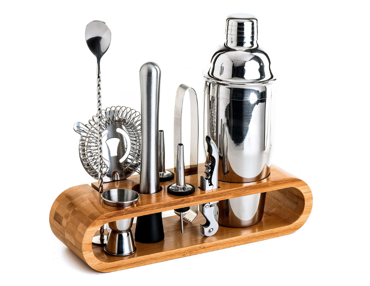 Set de Barman pentru Bauturi, Suport din Bambus, Shaker Cobbler 550 ml, 10 Piese, Otel Inoxidabil