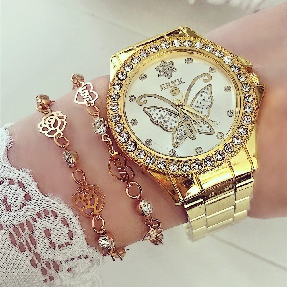 Ceas de dama metalic Butterfly cu pietricele