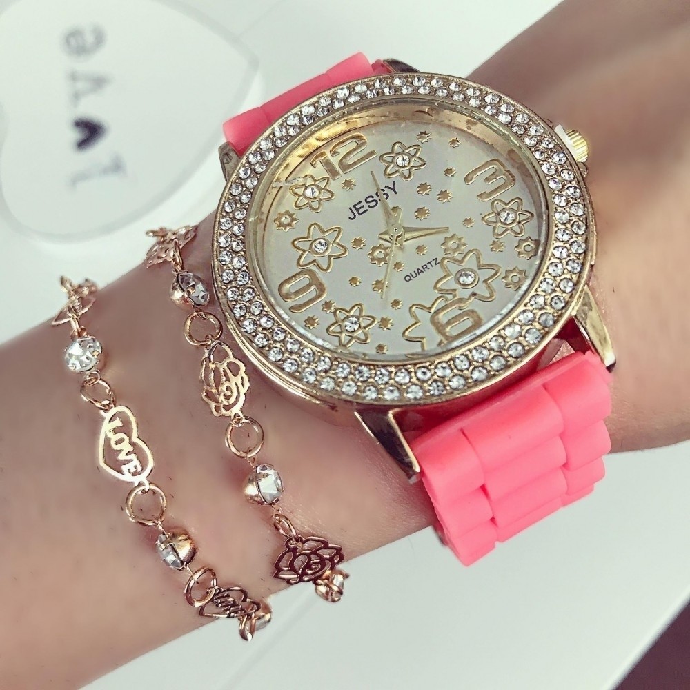 Ceas dama Flower Fashion Corai cu pietricele