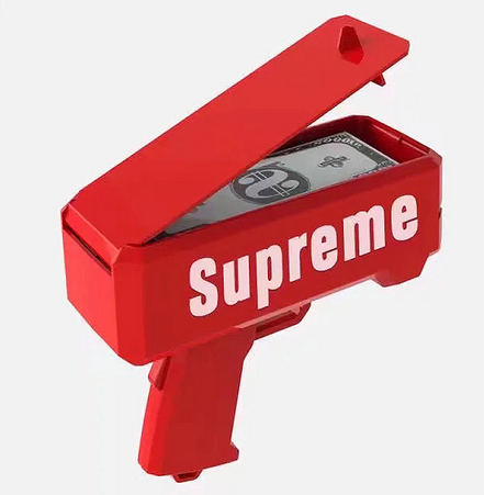 Pistol de bani Supreme Money Gun, pentru petreceri, bancnote incluse, rosu 