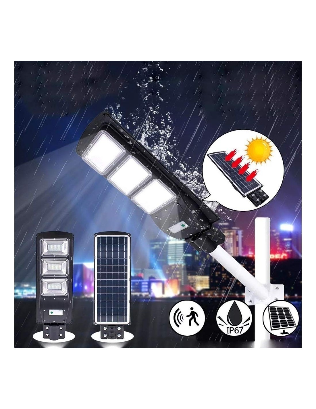 Proiector stradal 90W cu senzor, panou solar si telecomanda, suport de perete Cadou