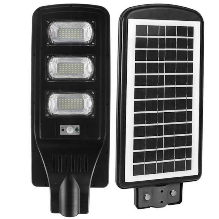 Proiector stradal LED SMD 90W cu senzor, panou solar si telecomanda, suport de perete Cadou