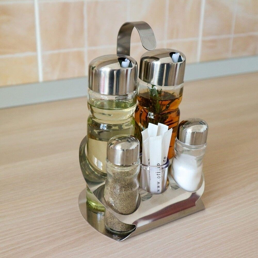 Set Oliviera cu suport sare, ulei, piper, otet