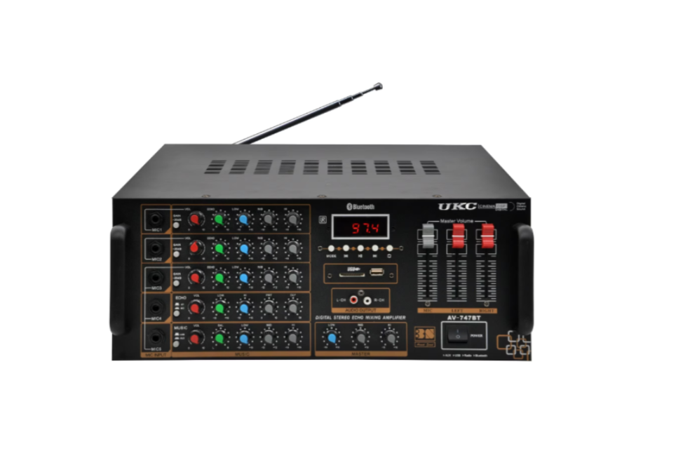 Amplificator Audio, 5 intrari microfon, USB, Card SD, AUX, Radio, Negru