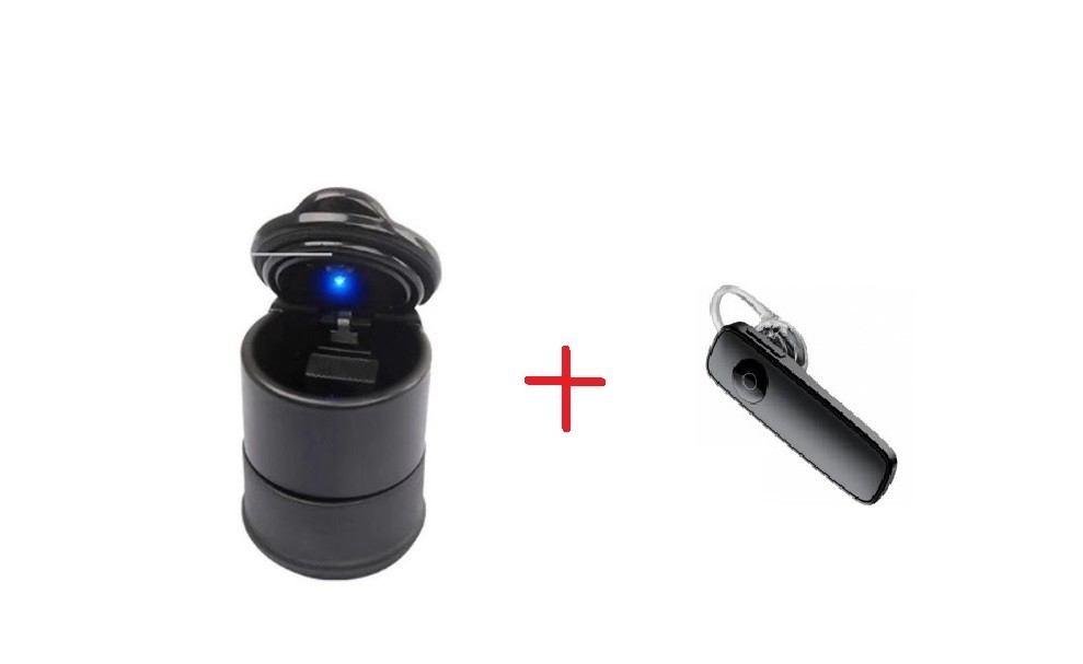 Pachet Scrumiera Auto cu Led + Casca Bluetooth 