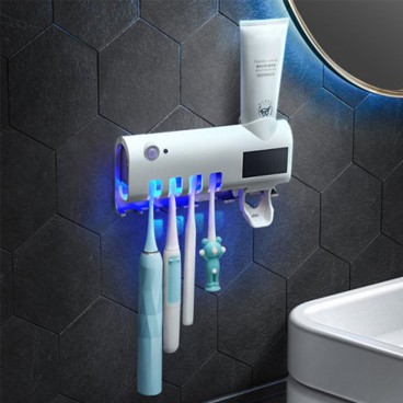 Dispenser pasta de dinti si suport 4 periute, Sterilizare UV si Antibacteriala, Incarcare Solara